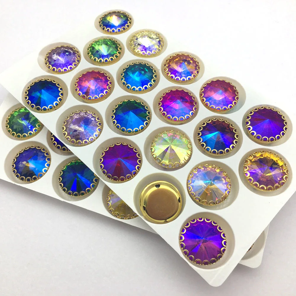 AB colors round shape strass sew on rhinestones gold base lace claw rilvoli glass crystal rhinestone Diy clothing accessories