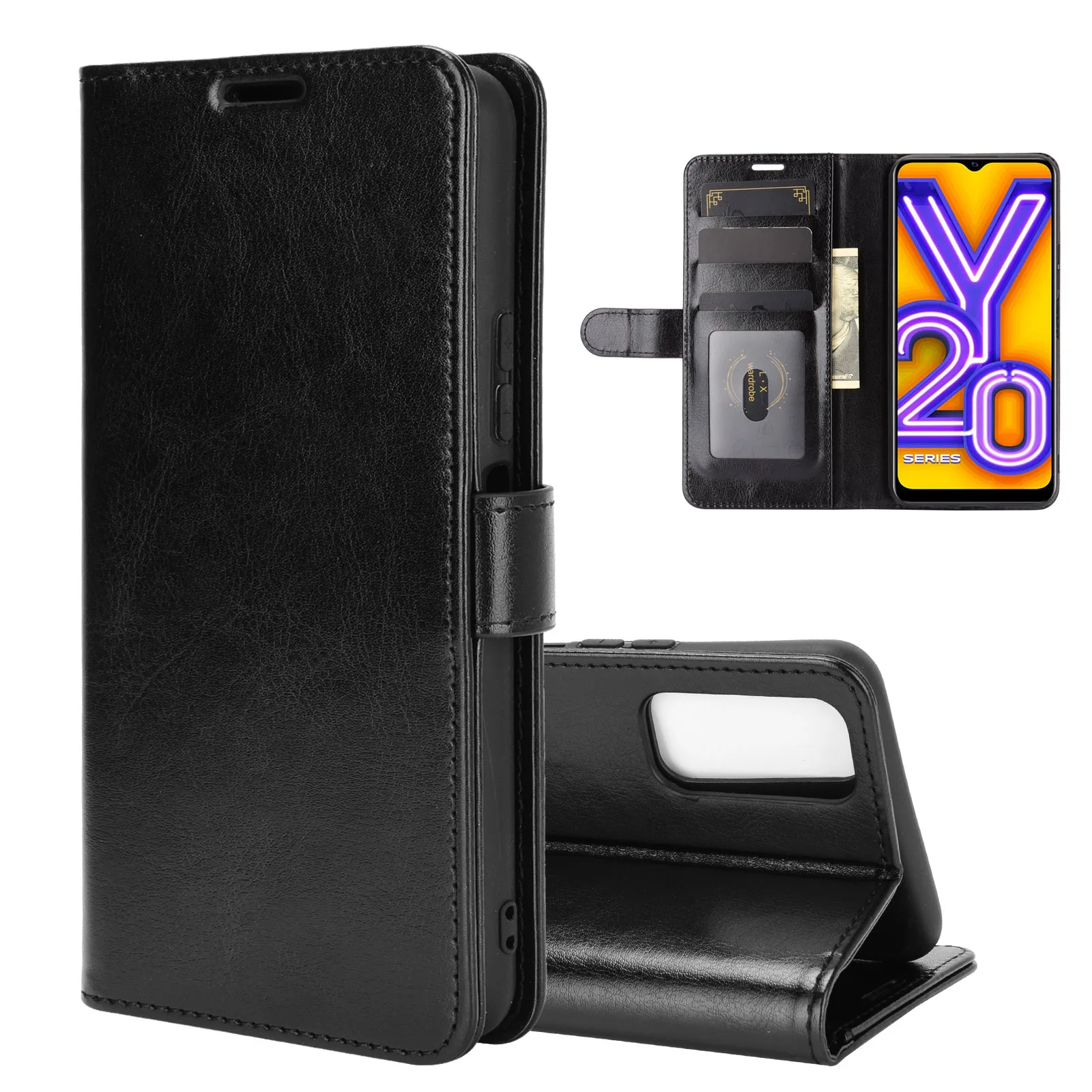 V2029 Case for Vivo Y20 (2020) 6.5in Cover Wallet Card Stent Book Style Faux Leather Flip Protect Black 2029 Y 20 vivoY20 20Y