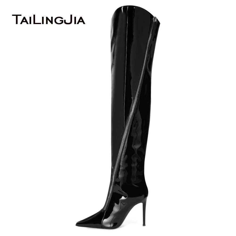 New High Heel Black Patent Leather Thigh Boots For Women Over Knee Boots With Zipper Pointed Toe Long Boot Ladies Winter Shoes