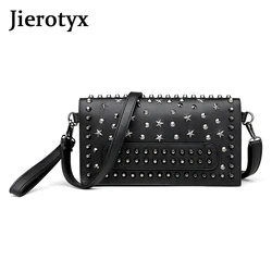 JIEROTYX-bolso de mano con remaches para mujer, bolsa de mensajero de cuero de oveja dividido Real, bandolera de viaje femenina, bolsos Punk negros, envío directo