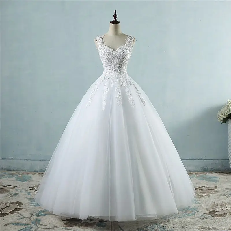 

VENSANAC Pearls Spaghetti Straps Ball Gown Wedding Dresses Sweetheart Lace Appliques Tulle Bridal Dress