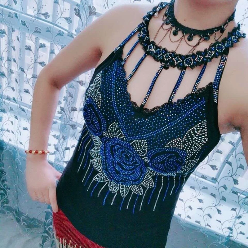 Bling Rhinestone Vest Rose Flowers Pattern Female High Elastic Halter Cotton Sexy Colorful Decorative All-Match Sling Vest