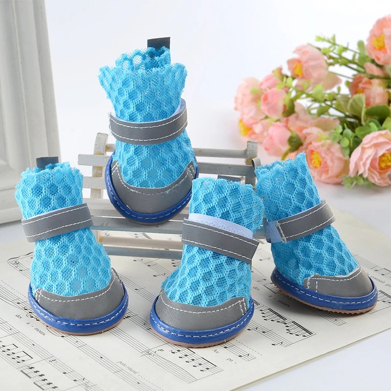 4 Pcs/lot Dog Shoes for Pet Teddy Soft Breathable Net Shoes Pet Boots Paw Protector Reflective Straps Anti-slip Puppy Shoes