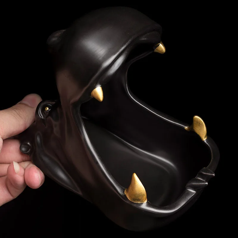 Creative Black Hippo Head Ashtray Cute Animal Large-capacity Anti-ash Ceramic Ashtray Car Home Modern Decor Gift for Boyfriend