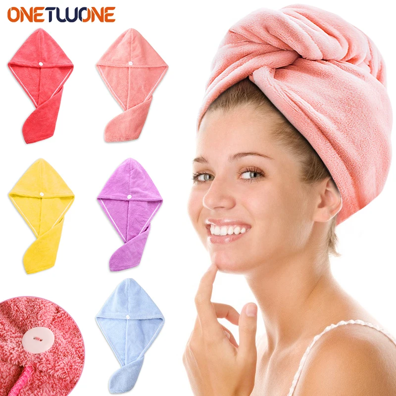 

Girl's Hair Drying Hat Twist Microfiber Cap With Button For Women Super Absorbent Quick-Drying Hair Care Cap Towels Bathroom