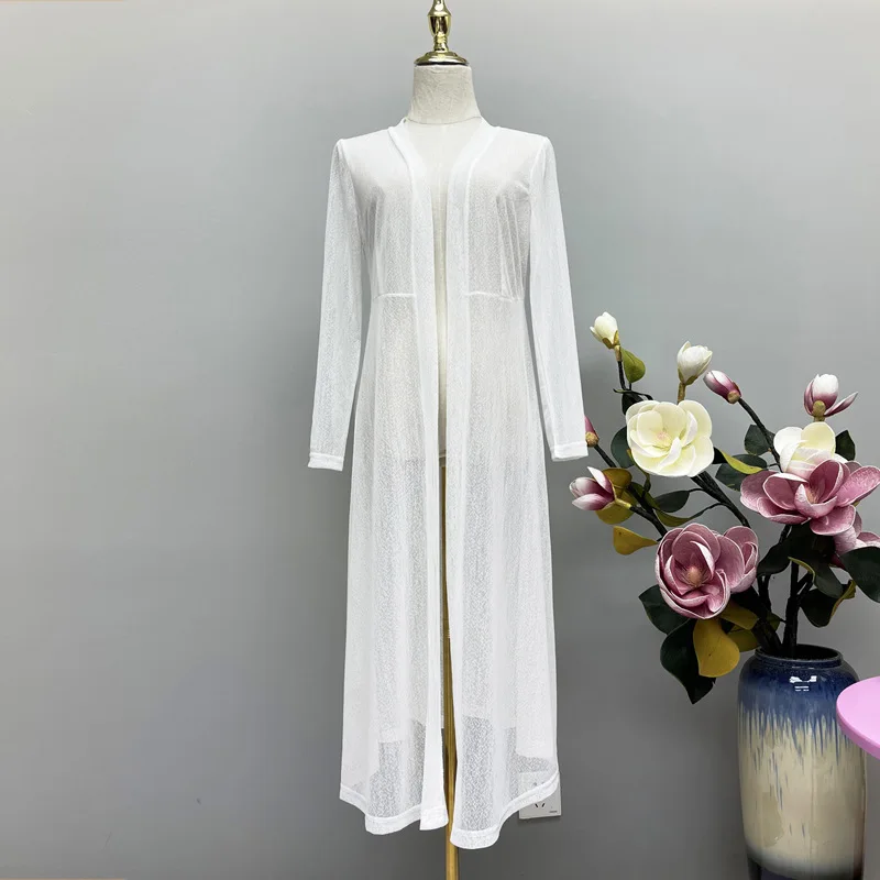 Thin Mesh Cardigan Sun Protection Clothing Women's Mid Length Long White Shawl Jacket Over Knee Cloak Summer Outwear Spring New