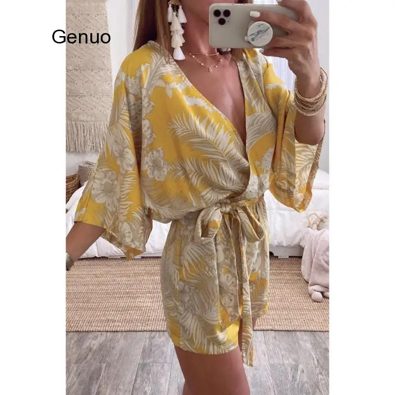 Phụ Nữ Mùa Hè Gợi Cảm Cổ V Sâu Playsuit Nữ In Hình In Tay Dài Áo Rời Jumpsuit Thời Trang Nữ Romper Áo Liền Quần