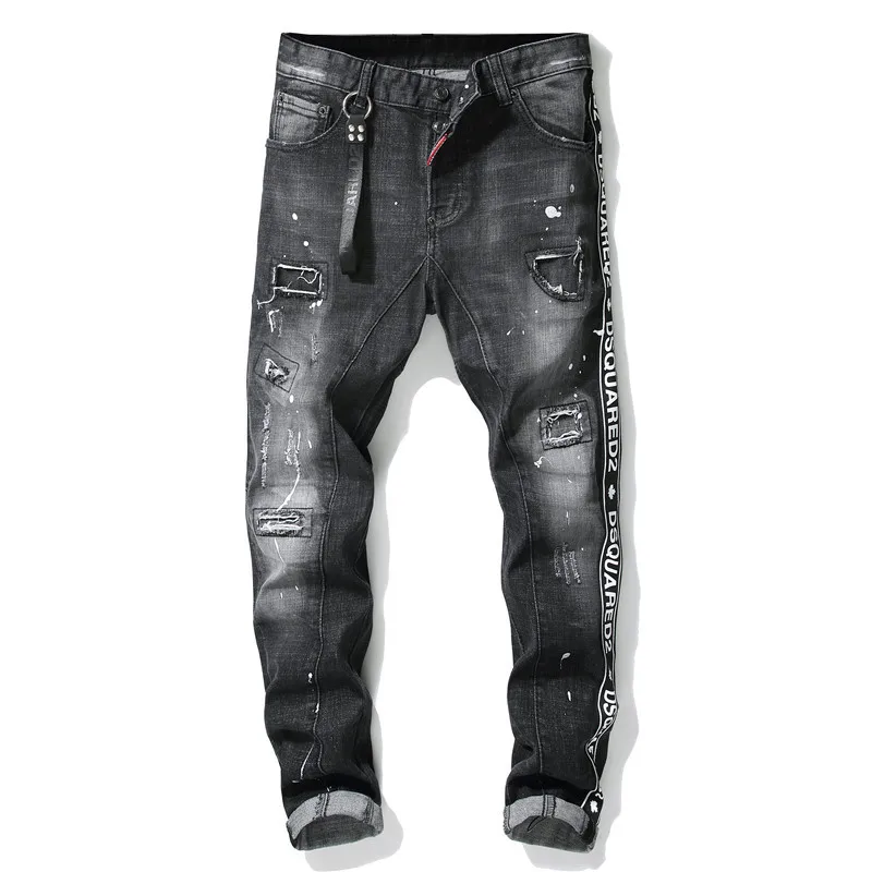 Autumn and Winter New Style Ragged Paint Stitching Men's Slim Stretch Jeans Black Tight Beggar Pants Distressed Jeans