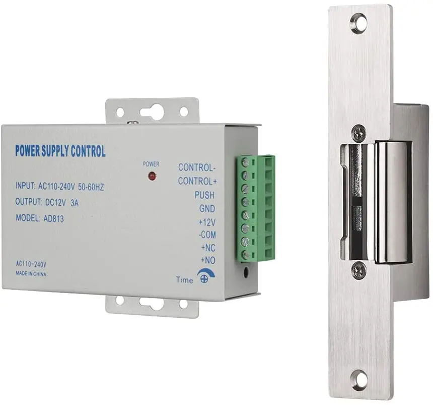Electric lock TMEZON Electric door opener with power supply control metal door NC mode Fail-safe DC 12V access control