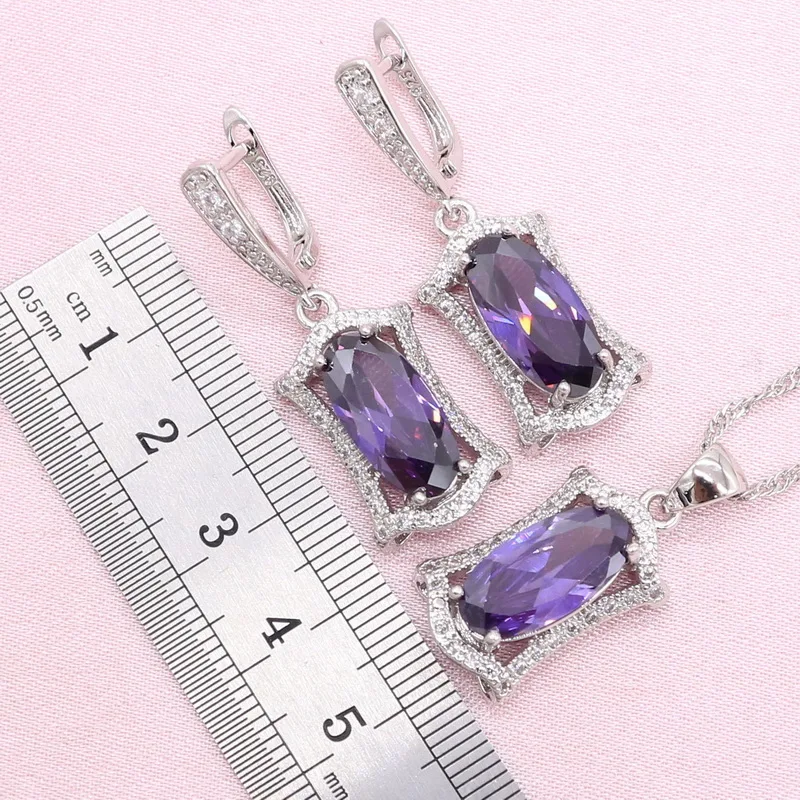 Bride Jewelry Sets For Women Elegant Purple Cubic Zirconia Silver Color Earrings Bracelet Necklace Pendant Ring Christmas Gift