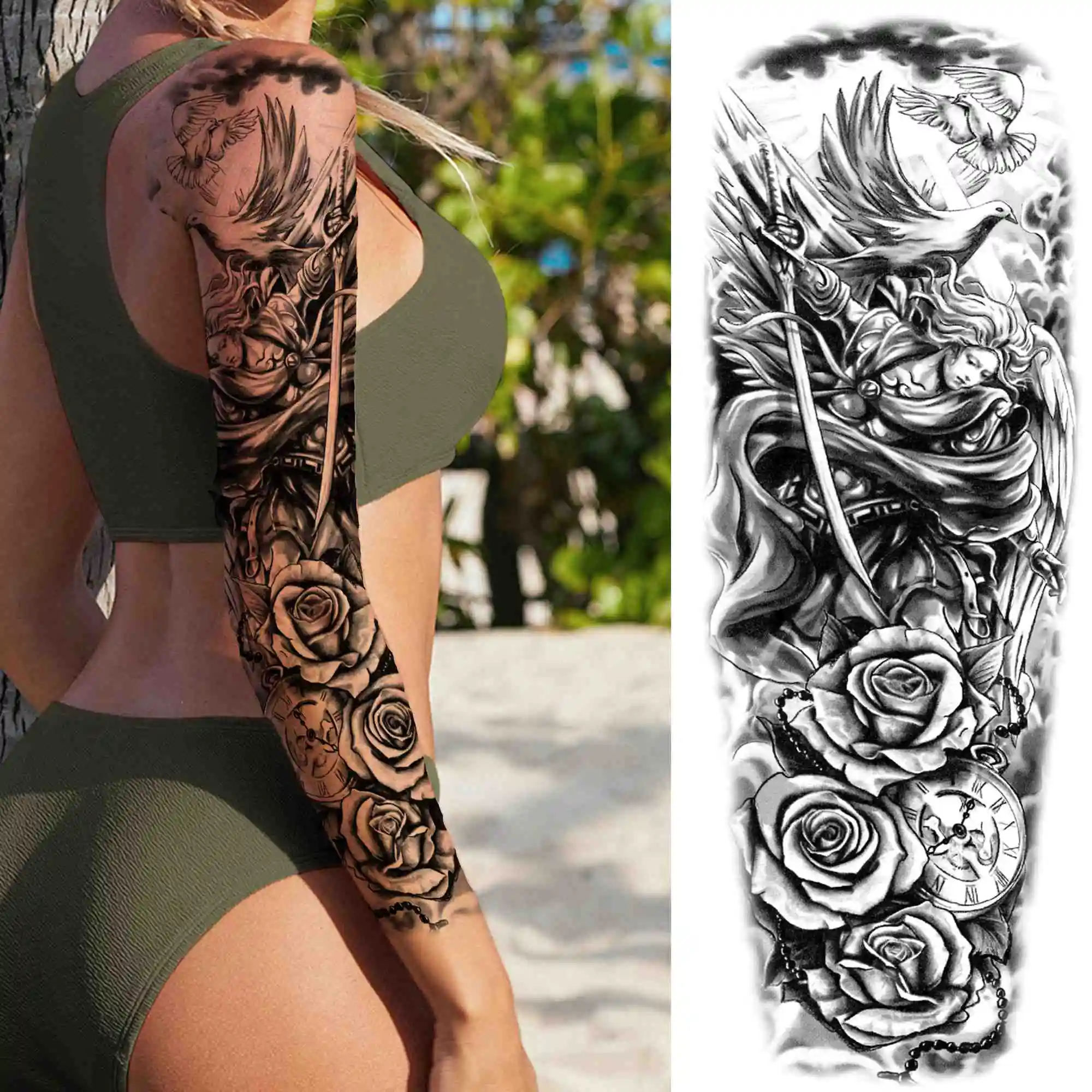 Tatouage temporaire 3D Rose à grande fleur pour femmes et hommes, faux, boussole noire, guerrier, autocollant, Triangle, manches complètes
