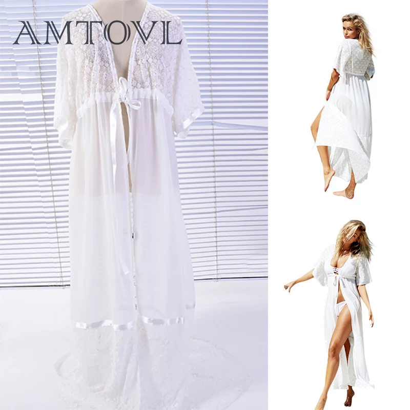 AMTOVL Bikini Cover Up For Women Beach Long Maxi Dress Lace Cover Up Tunic Pareo White V Neck Dress Robe Swimwear Bathing Suit