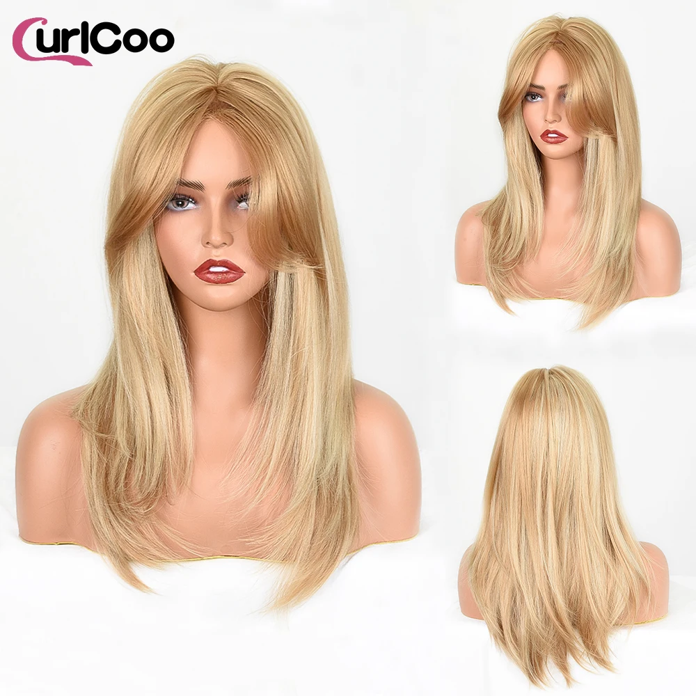 

Long Straight Blonde Women's Wigs With Bangs Natural Wavy Heat Resistant Synthetic Wigs for Women Lolita Cosplay CurlCoo