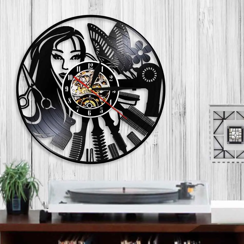 Pesonality Barber Shop Art Decor 3D Wall Clock Black Wall Hanging Clock Hairdresser Vinyl Record Wall Clock For Beauty Salon