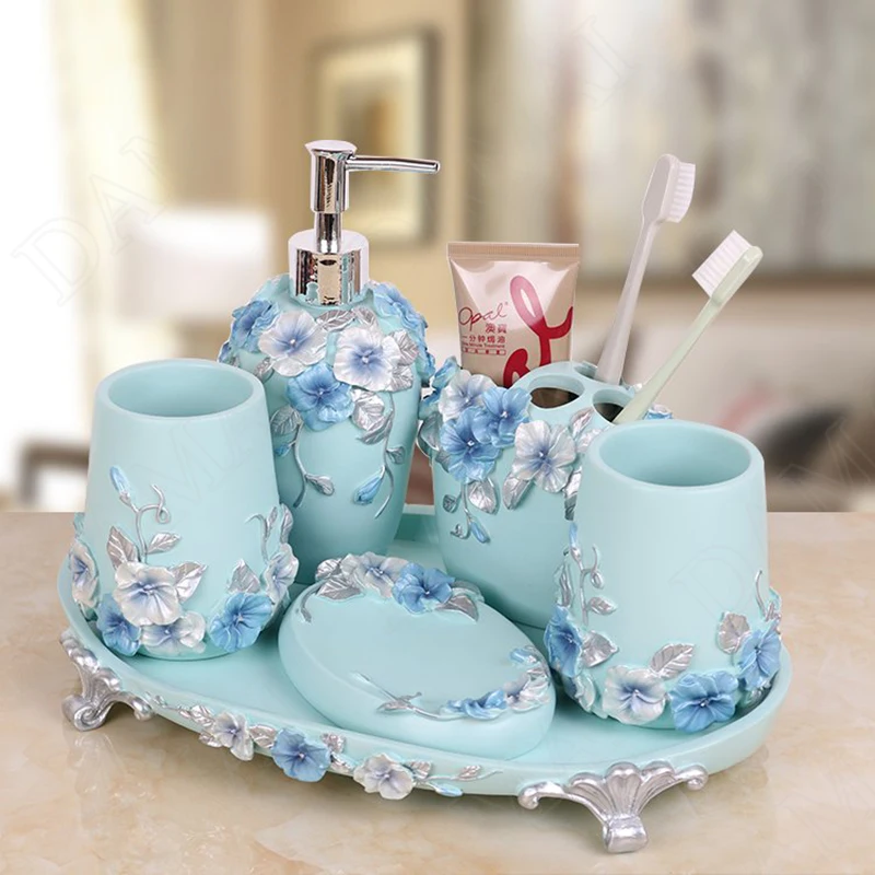 Creativity Resin Five-piece Bathroom Set Relief Flowers Decorative Mouth Cup Sets European Home Modern Bathrooms Accessories