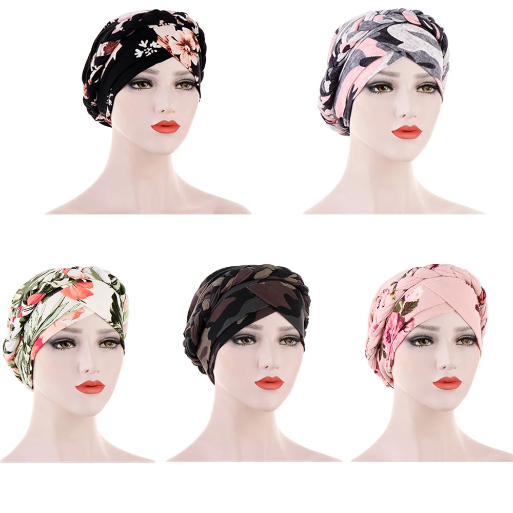 Indian Hat Women Beads Braid Print Beanie Bonnet Chemo Cap Muslim Turban Wraps Islamic Skullies Hair Loss Hat Pleated Head Wrap