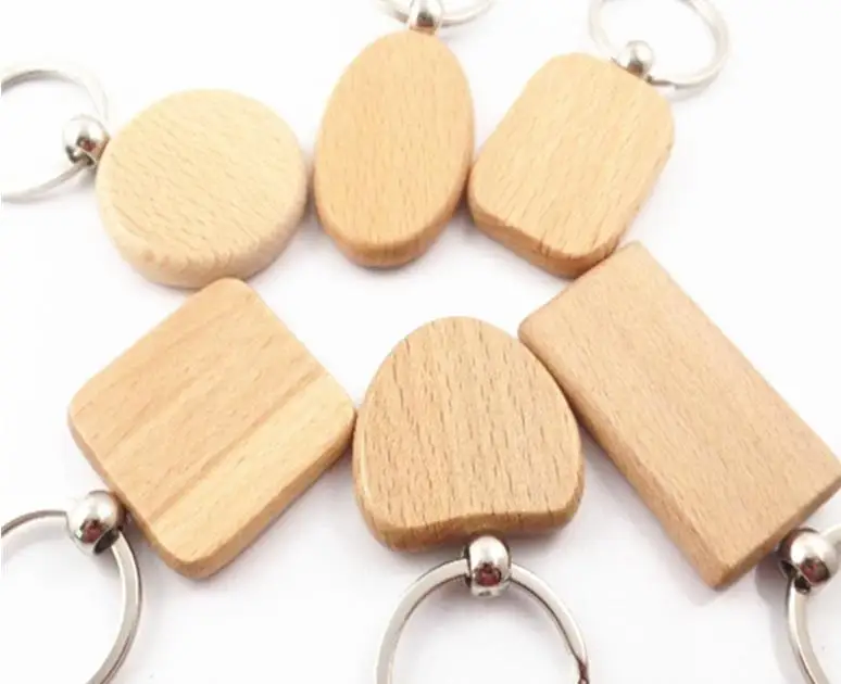 500pcs DIY Blank Wooden Key Chain Rectangle Heart Round Ellipse Carving Keyring Wood Keychain Ring for Men and Women Gift SN3985