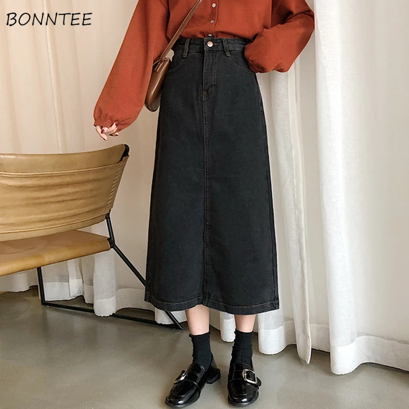 

Skirts Women Denim A-Line Simple Korean Style Button Pocket Harajuku High Waist Soft Womens Calf-Length Skirt Streetwear Chic