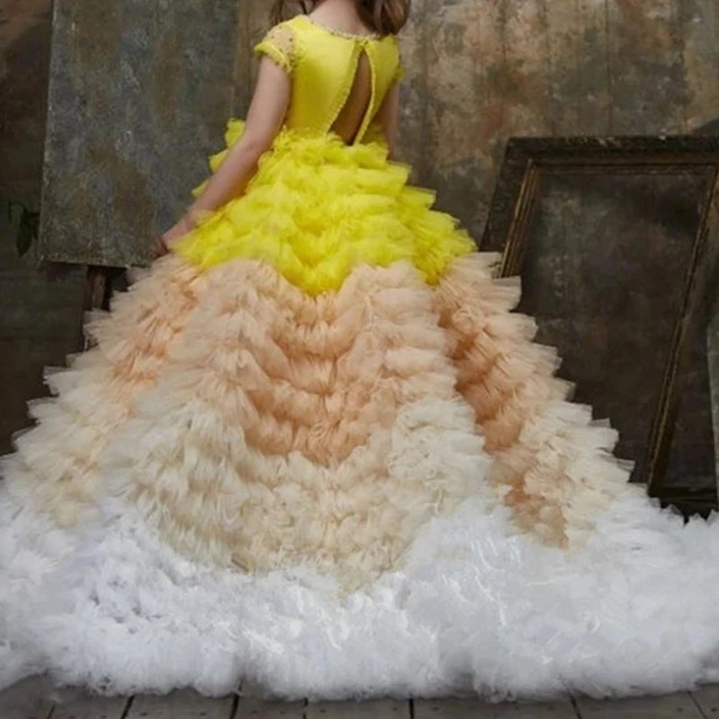 Luxe Kristal Kralen Bloem Meisje Jurken Voor Bruiloft Tiered Tulle V-hals Eerste Communie Jurk Kinderen Pageant Gown Custom Made