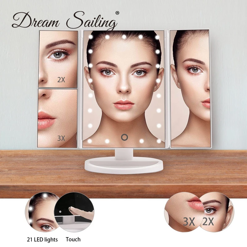 Mirror With LED Light Touch Screen 21/22 Light Makeup Mirror Table Desktop Makeup 1X/2X/3X Magnifying Mirrors Vanity 3 Folding