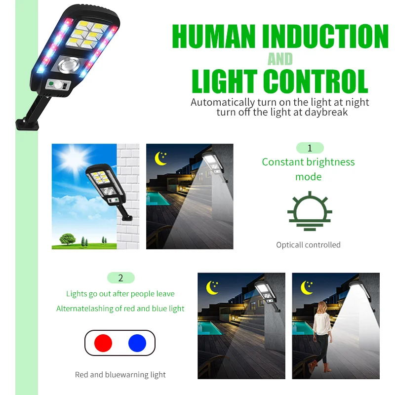 1/2PCS Solar Street Light Outdoor LED Garden Lamp Human Body Induction Wall Light Waterproof Solar Red Blue Warning Remote 2100W