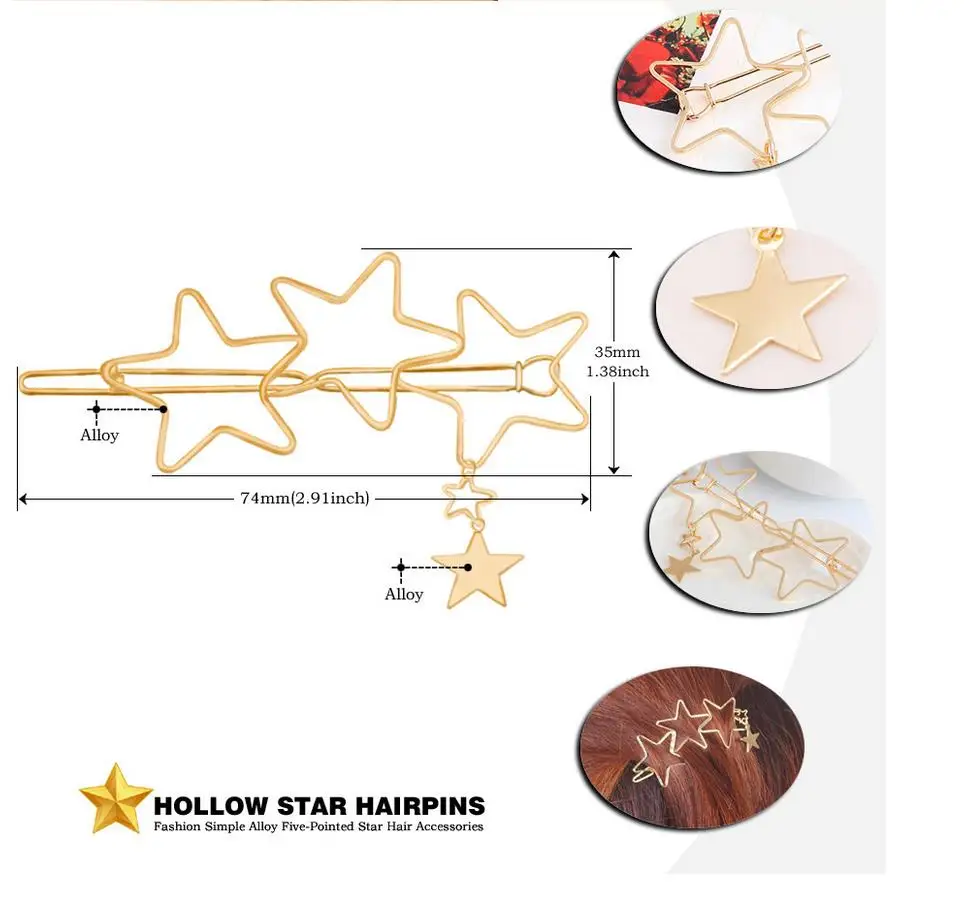 1Pc Fashion Hollow Geometric Hair Clip for Women Elegant Star Circle Metal Barrette Hairpin Head Accessorie T0085