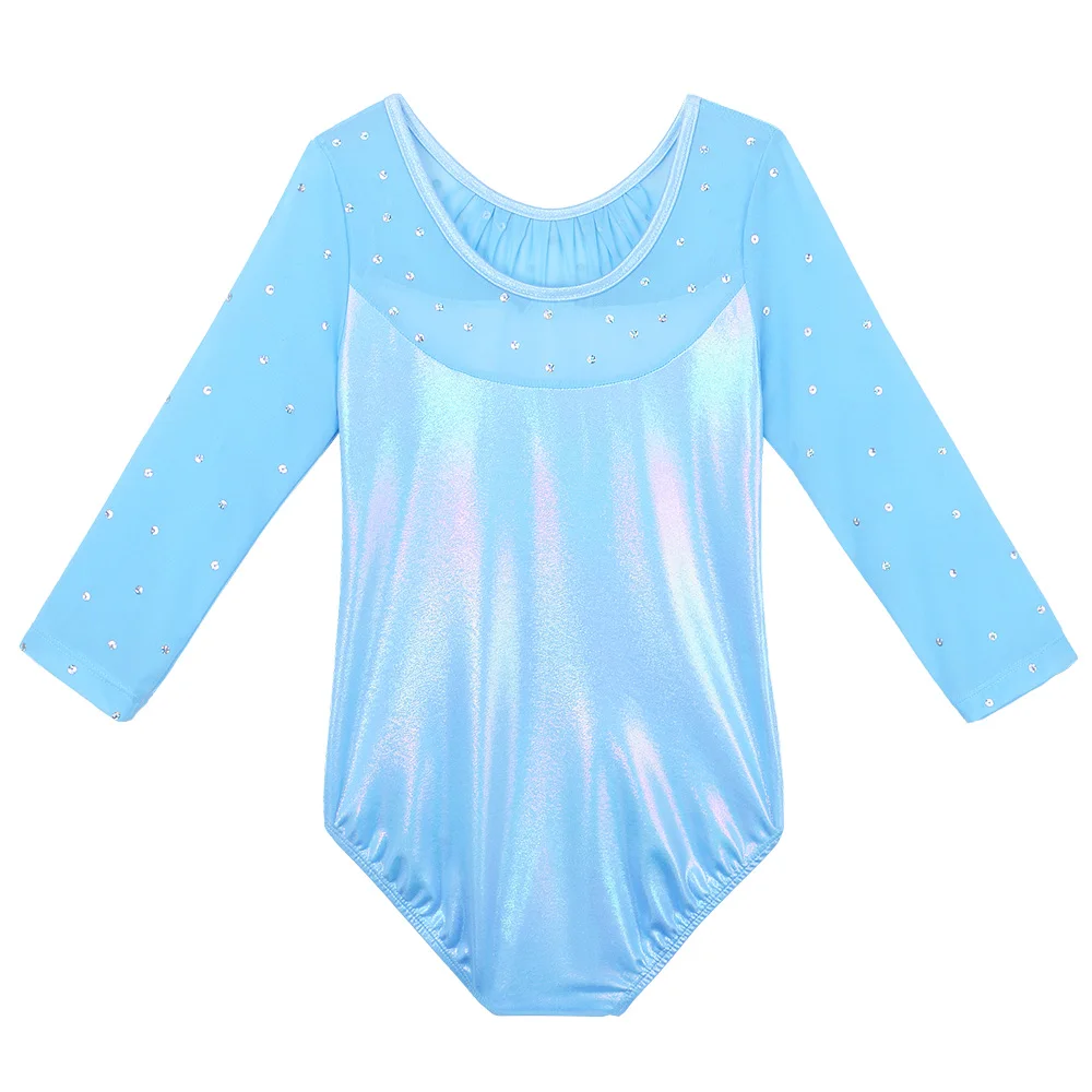 BAOHULU Girls Sparkle Gymnastics Leotard Sequin Lightblue Ballet Leotard Three Quater Sleeve Training Perfoamance Dance Bodysuit