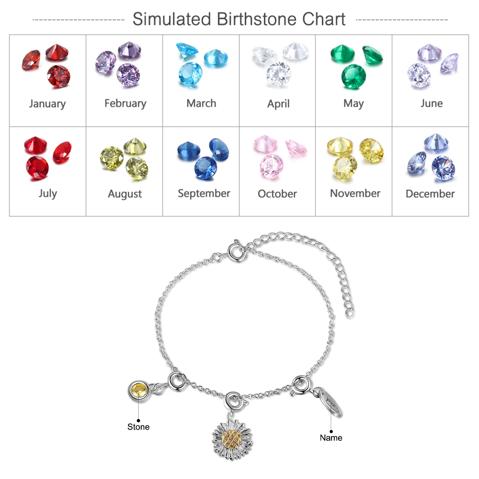 JewelOra Personalized Sunflower Charm Bracelets for Women Customized Birthstone Name Tag Engraving Bracelet Christmas Gifts