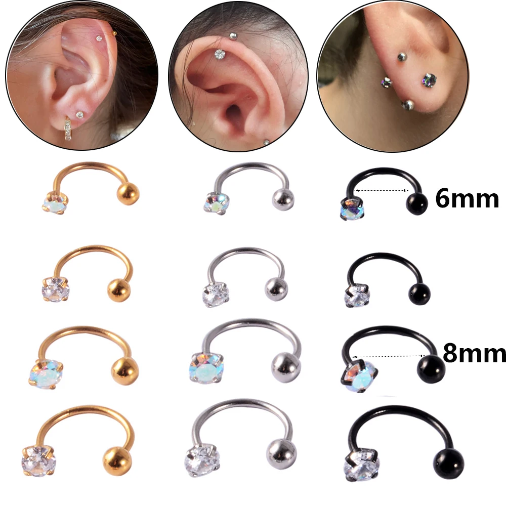 1pc 6/8mm Stainless Steel Zircon Cz Hoop Tragus Cartilage Helix Stud Earring Conch Rook Daith Lobe Ear Screw Piercing Jewelry