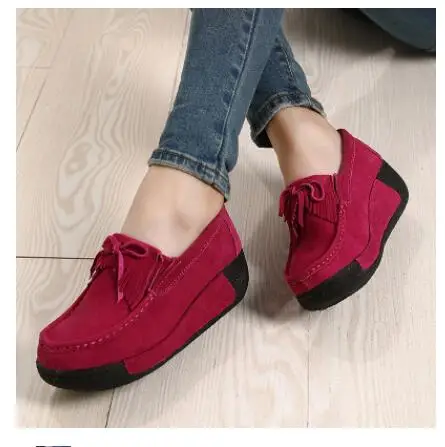 Women\'s shoes Comfortable platform Female Ladies Cow Suede Genuine Leather Shoes Loafers Platform  Elegant Slip red shoes