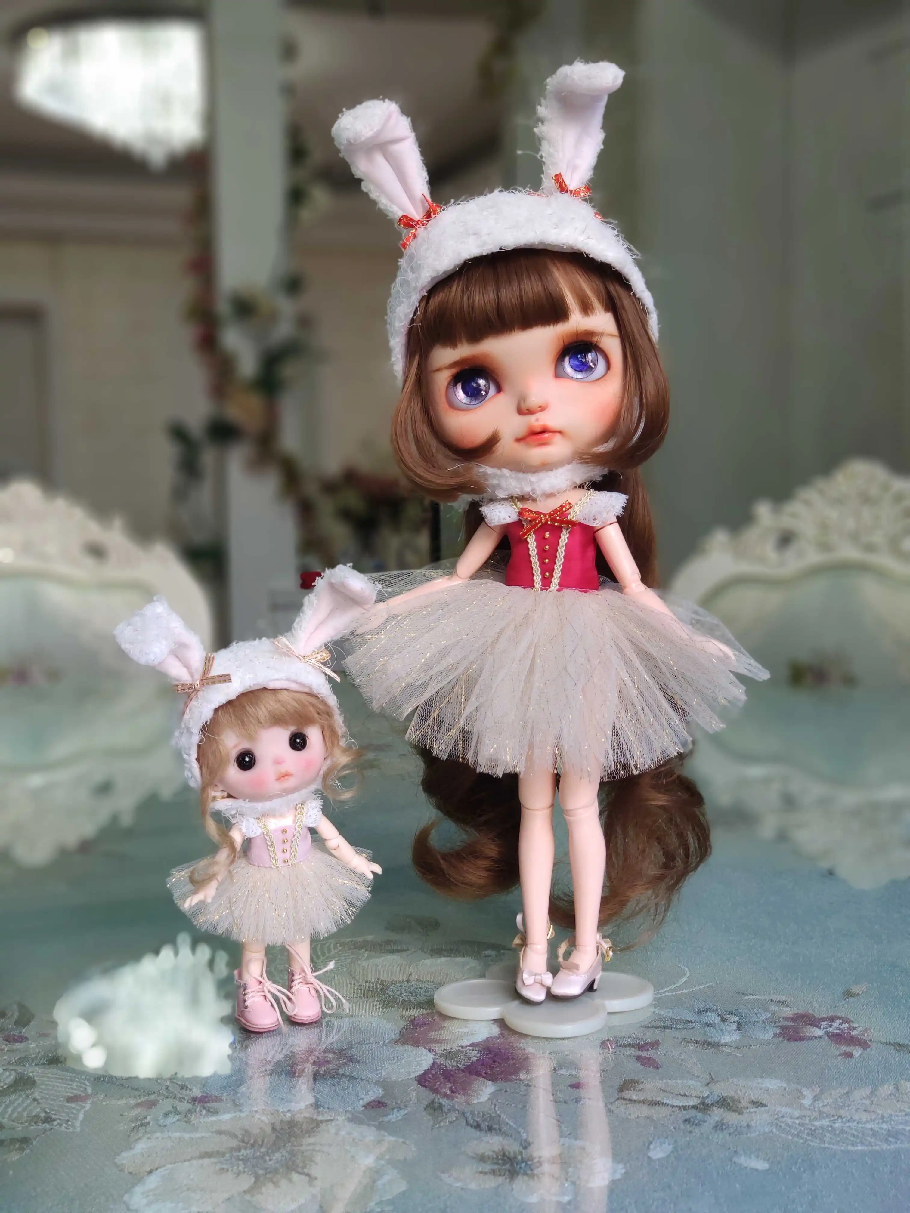 

New 2PCS/Set Blyth OB11 Clothes Exquisite Rabbit Dress Gauzy Skirt + Hat for Obitsu11 OB24 Azone S 1/6 1/12 Dolls Accessories