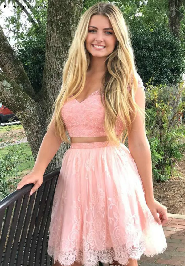 2019 Cheap Pink Lace Short Homecoming Dress A Line V Neck Juniors Sweet 15 Graduation Cocktail Party Dress Plus Size Custom Made