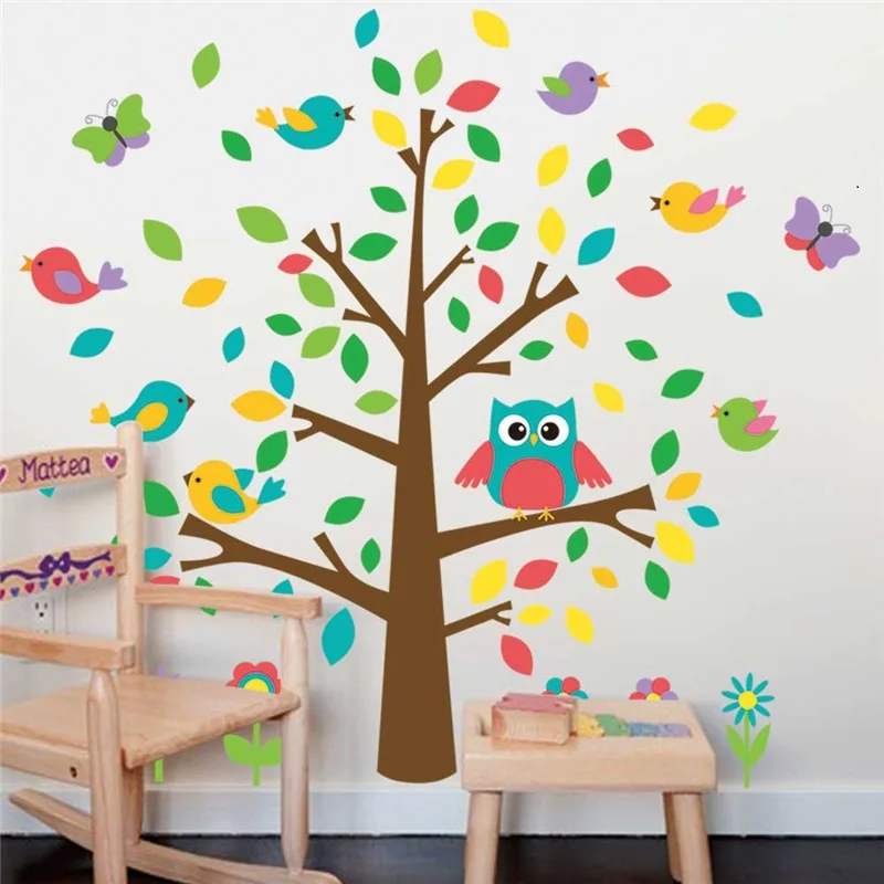 Cute Owlet Birds Colorful Tree Wall Sticker For Kindergarten Kids Room Bedroom Home Decor Cartoon Wall Mural Art Pvc Decals