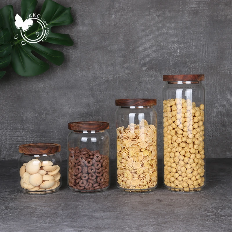 

KKC HOME Four-piece Wood Lid Glass Airtight Canister Kitchen Storage Bottles Jar Food Container Coffee Beans Grains Candy Jars