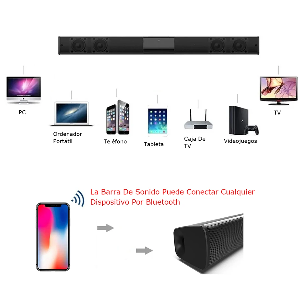 Alto-falante portátil sem fio compatível com Bluetooth, poderosa barra de som com música 3D, Home Theater Aux para TV e PC, 20W