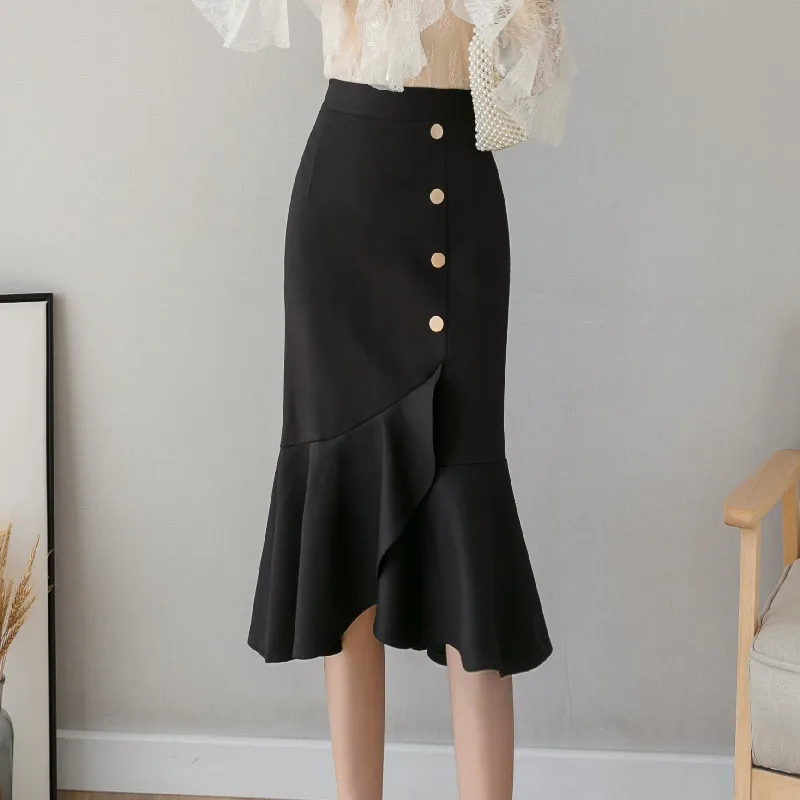 2022 Spring Summer New High Waist Single Breasted Midi Skirt Women Elegant Ruffled Fishtail Skirts Black/Red Office Lady Skirt