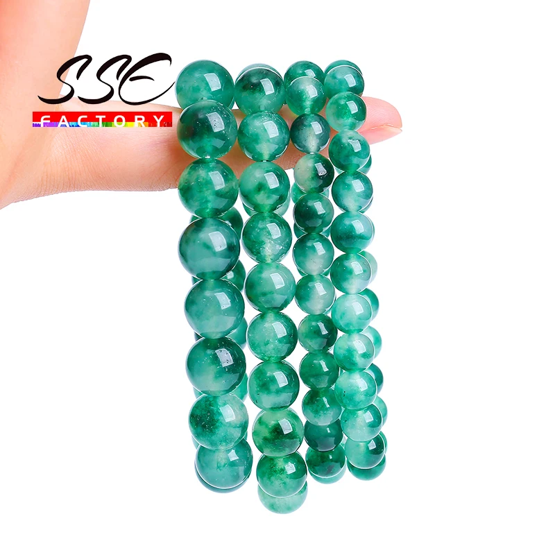 Handmade Natural Green Grass Jades Bracelet Stone Round Beads for Women Men Elastic Healing Yoga Bracelet 4 6 8 10 12mm 7.5 Inch