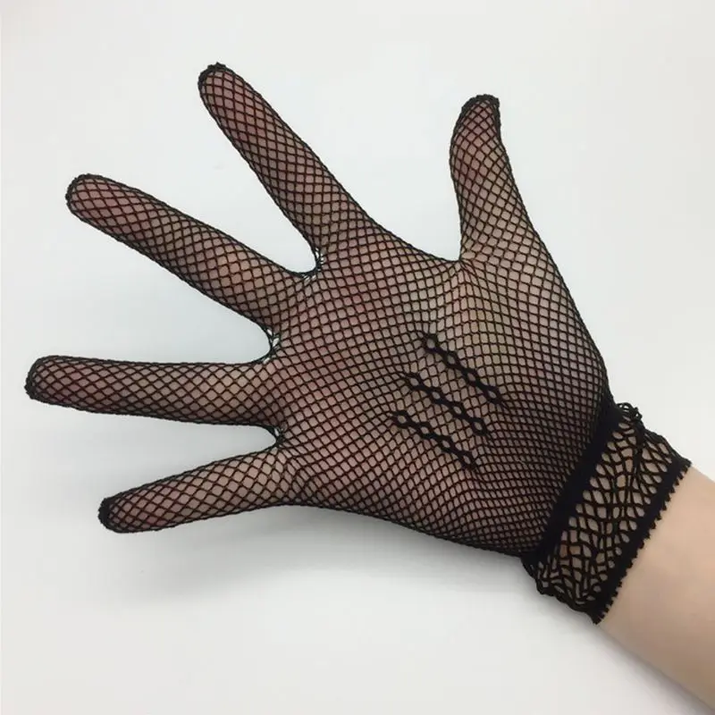 Women Bridal Sexy Hollow Out Fishnet Full Fingered Gloves Wrist Length Elastic Solid Color Sunscreen Mittens Wedding Party