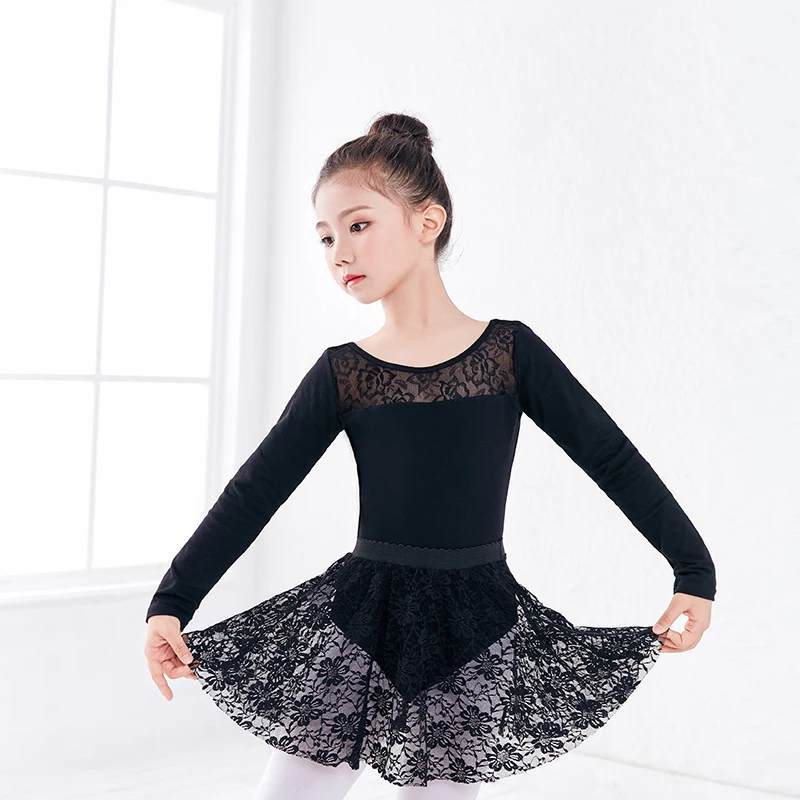 Hot Selling Long/Short  Sleeve Black Dance Leotard Lace Skirt Suit Girls Kids Children Ballet Gymnastics Leotard