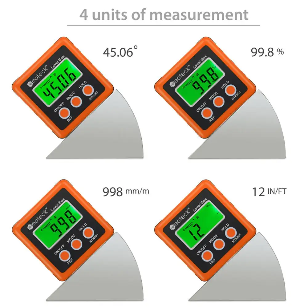 Neoteck Orange Aluminum Angle Finder Digital Protractor Inclinometer Electronic Level Box Magnetic Base Measuring Tools