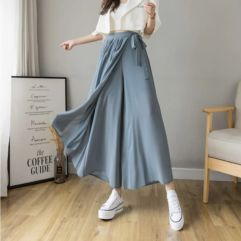 

Elastic Pleated Skirt Women Capris Korean Chiffon Trouser Skirts High Waist Casual Wide Leg Pants Summer Street Pants Skirts