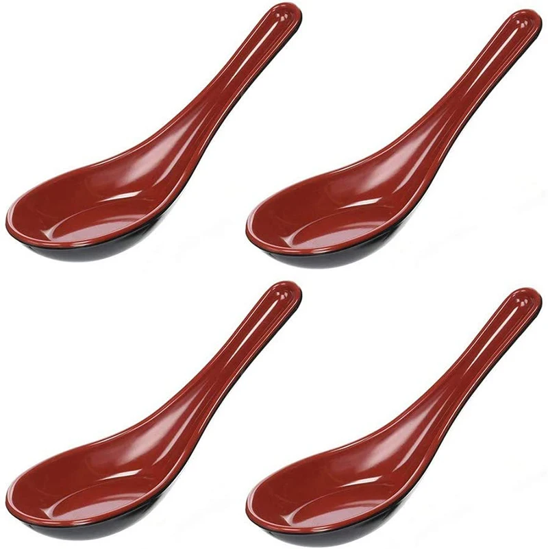 4Pieces Soup Spoons Asian Chinese Wonton Japanese Soba Spoon Rice Spoon Ramen Noodle Spoon Vietnamese Pho Spoon Red and Black