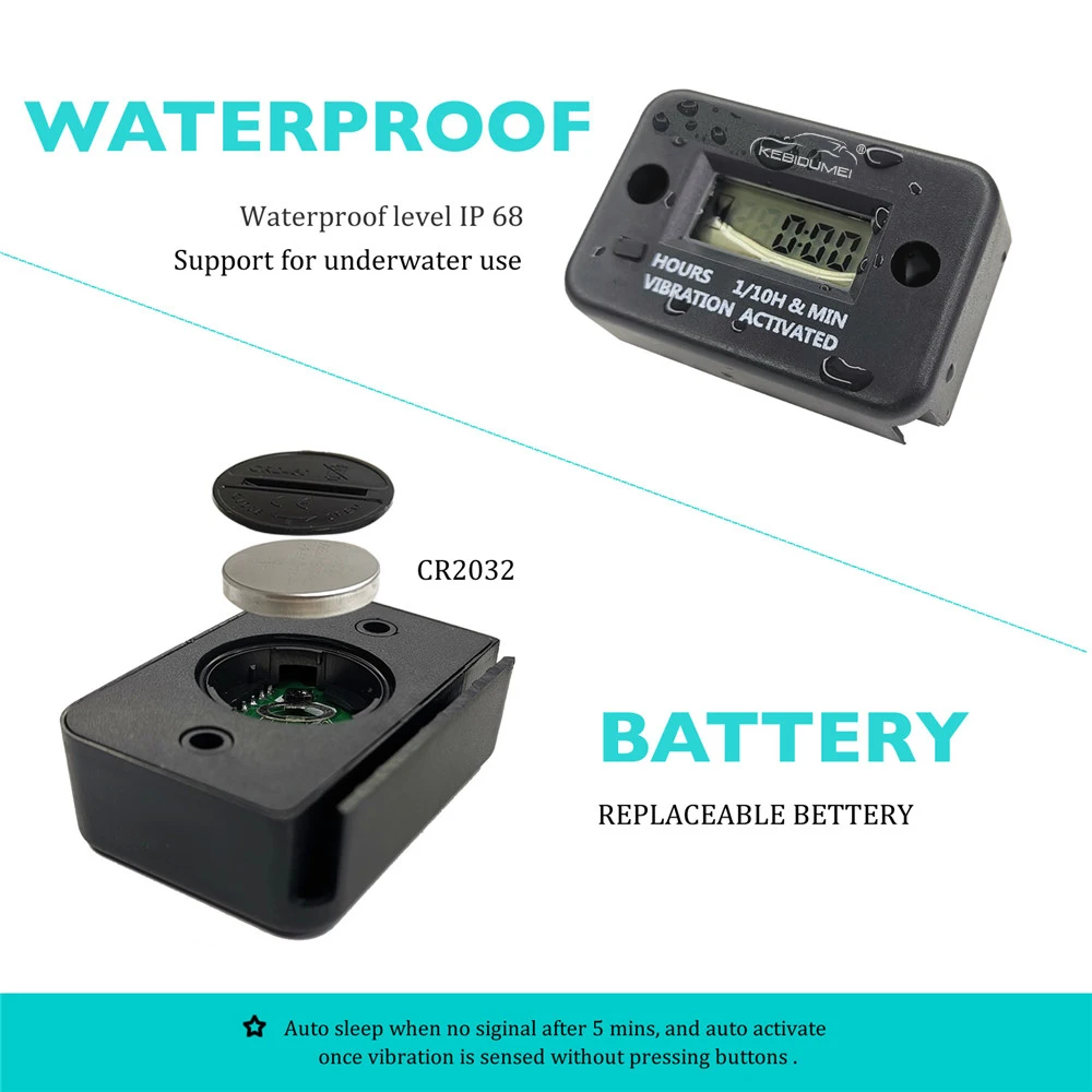 Digital Vibration Hour Meter Waterproof Engine Gauge LCD Display Wireless Reset Auto Sleep with Replacable Battery