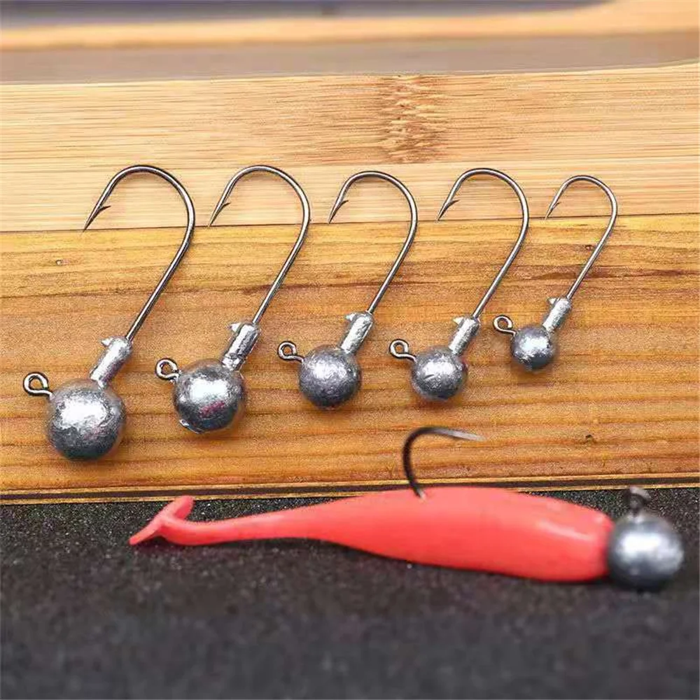 5pcs/bag 2g-28g Lead Jig Head Barbed Fishing Hook Round Ball High-Carbon Steel  Jigging Fishing Hooks For Soft Lure Worm