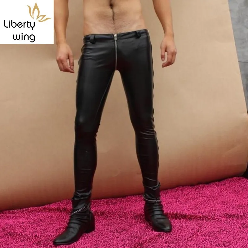 

High Quality Men Full Length Zippers Skinny Pencil New Designer Pu Leather Punk Sexy Zip Low Waist Pants Big Size Trousers