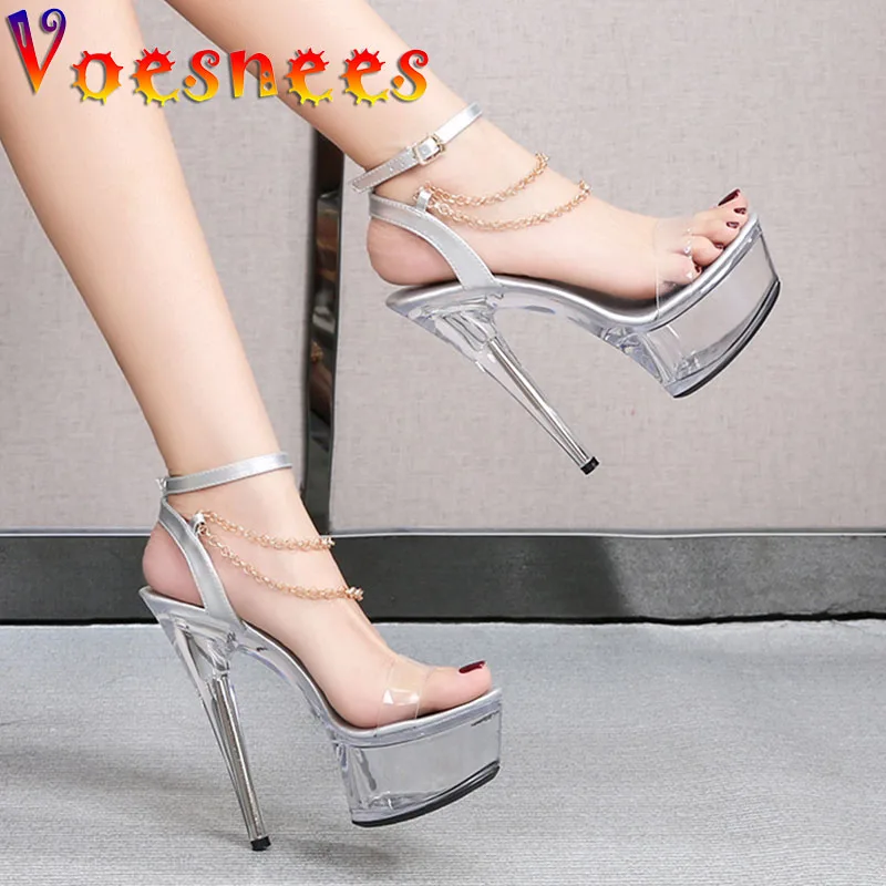 Voesnees Transparent Women Stiletto Shoes 2021 Sexy Chain Design Crystal Heel Ladies Shoes Hyaline Platform Hentian High Sandals