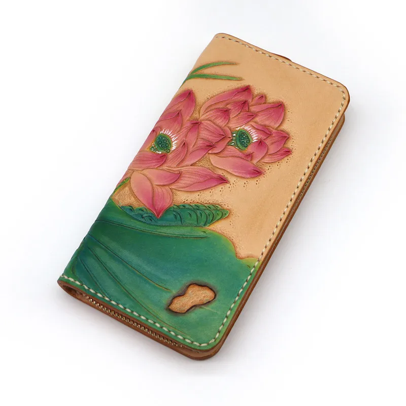 Handmade Women Wallets Carving Lotus Zipper Bag Purses Ladies Clutch Vegetable Tanned Leather Wallet Special Birthday Gifts