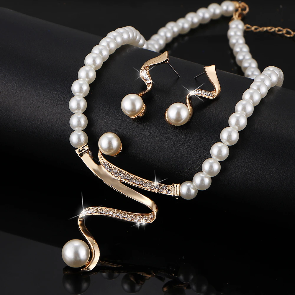 BLIJERY Vintage Gold Color Simulated Pearl Bridal Jewelry Sets For Women Crystal Wedding Necklace Earrings African Jewelry Set