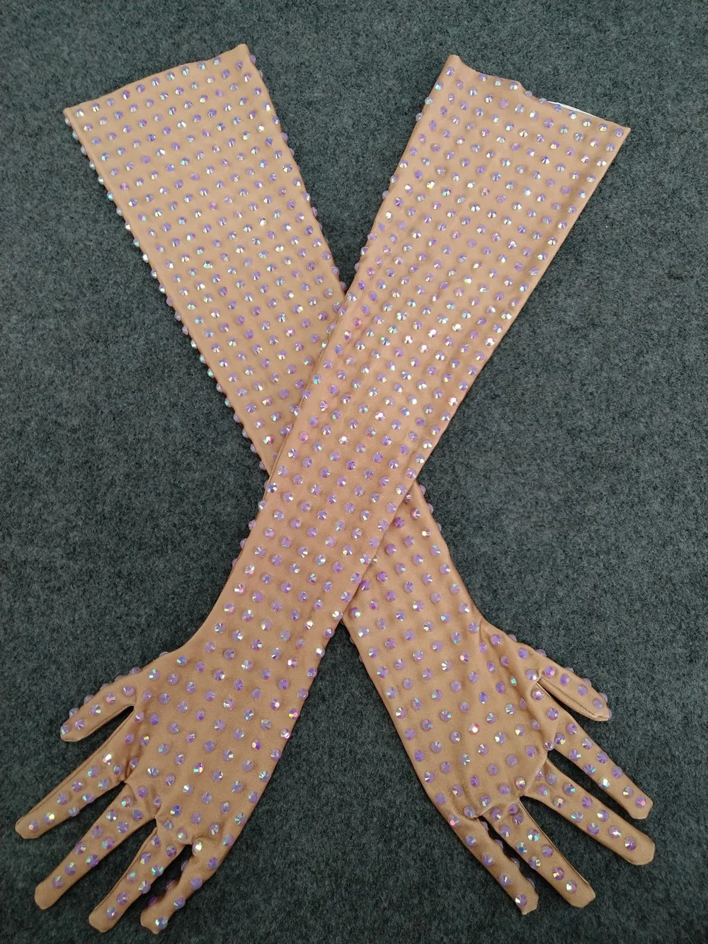 Gants longs scintillants en strass pour femmes, accessoires de scène, de chanteur, de danse, de bal d'anniversaire, extensibles, en cristal nu