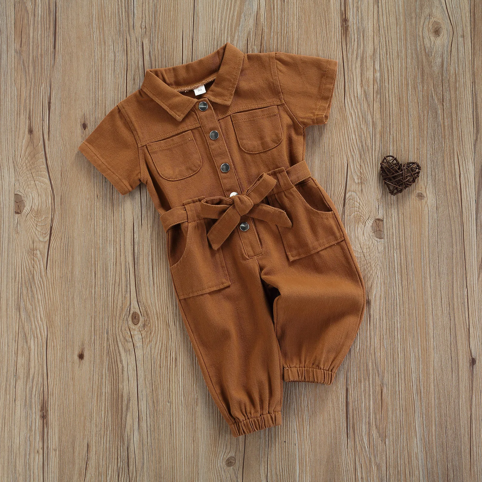 Girl’s Casual Long Sleeve Jumpsuit Fashion Solid Color Lapel Pocket Single-breasted Romper Long Pants 1-5T